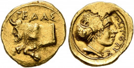 SICILY. Gela. Circa 406-405 BC. 1 1/3 Litra or Tetradrachm (Gold, 11 mm, 1.17 g, 3 h). ΓEΛAΣ Forepart of the river-god Gelas, in the form of a man-hea...