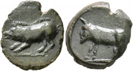 SICILY. Halykiai. Circa 390-370 BC. Tetras or Trionkion (Bronze, 15 mm, 2.79 g, 11 h). Boar standing left. Rev. Man-headed bull standing left. CNS I 4...