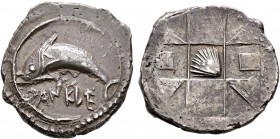 SICILY. Messana (as Zankle). Circa 500-493 BC. Drachm (Silver, 23 mm, 5.88 g). DANKLE Dolphin to left within the sickle-shaped harbor of the city. Rev...