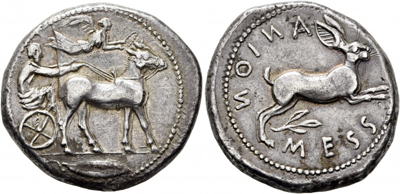 SICILY. Messana. 450-446 BC. Tetradrachm (Silver, 28 mm, 17.32 g, 11 h). Chariot...