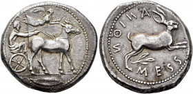 SICILY. Messana. 450-446 BC. Tetradrachm (Silver, 28 mm, 17.32 g, 11 h). Charioteer, holding reins in his right hand and kentron in his left, driving ...