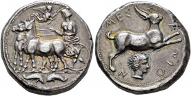 SICILY. Messana. 412-408 BC. Tetradrachm (Silver, 24 mm, 17.25 g, 2 h). The nymph Messana, wearing long chiton and holding reins in both hands, drivin...
