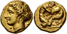 SICILY. Syracuse. Dionysios I, 405-367 BC. 100 Litrai or Double Dekadrachm (Gold, 13 mm, 5.81 g, 3 h), circa 400-370 BC. ΣYPAKOΣIΩN Female head (of Ar...