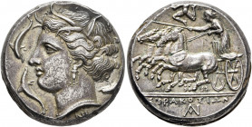 SICILY. Syracuse. Agathokles, 317-289 BC. Tetradrachm (Silver, 23 mm, 17.00 g, 1 h), circa 317-310. Head of Arethusa to left, wearing wreath of grain ...