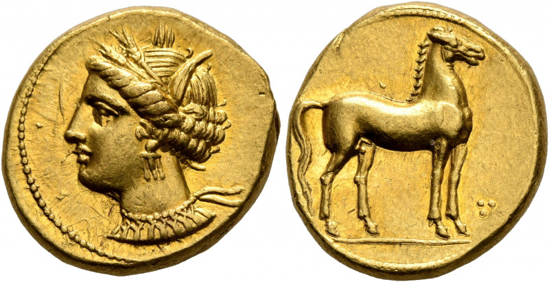 CARTHAGE. Circa 350-320 BC. Stater (Gold, 18 mm, 9.20 g, 10 h). Head of Tanit to...
