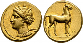 CARTHAGE. Circa 350-320 BC. Stater (Gold, 18 mm, 9.20 g, 10 h). Head of Tanit to left, wearing wreath of grain ears, triple-pendant earring and elabor...