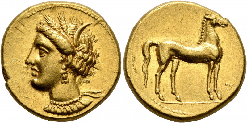 CARTHAGE. Circa 350-320 BC. Stater (Gold, 18 mm, 9.40 g, 2 h). Head of Tanit to ...