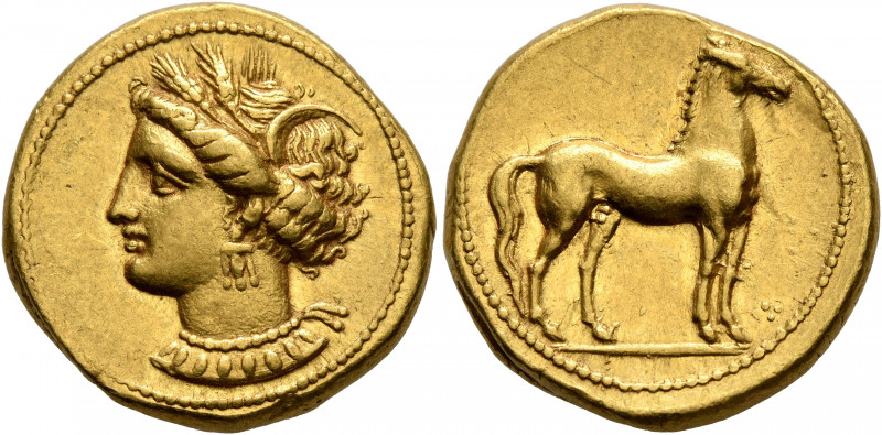 CARTHAGE. Circa 350-320 BC. Stater (Gold, 18 mm, 9.24 g, 10 h). Head of Tanit to...