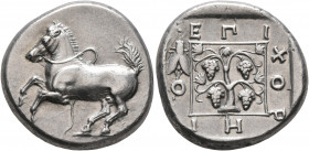 THRACE. Maroneia. Circa 386/5-348/7 BC. Stater (Silver, 22 mm, 11.38 g, 4 h), Choregos, magistrate. Bridled horse springing to left, with trailing rei...