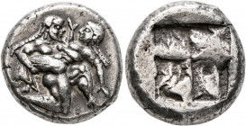 ISLANDS OFF THRACE, Thasos. Circa 525-500 BC. Stater (Silver, 19 mm, 10.07 g). Nude ithyphallic satyr, with long beard and long hair, moving right in ...