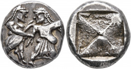 THRACO-MACEDONIAN REGION. Berge (?). Circa 525-480 BC. Stater (Silver, 20 mm, 9.89 g). Ithyphallic satyr standing right, grasping right wrist of nymph...