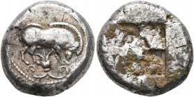 MACEDON. Stagira. Circa 525-500 BC. Stater (Silver, 19 mm, 8.73 g), Attic-Euboic standard. Boar standing right, head lowered; below, akanthos flower. ...