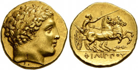 KINGS OF MACEDON. Philip II, 359-336 BC. Stater (Gold, 18 mm, 8.65 g, 10 h), Pella, struck under Philip II or Alexander III, circa 340/36-328. Laureat...