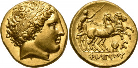 KINGS OF MACEDON. Philip II, 359-336 BC. Stater (Gold, 18 mm, 8.63 g, 2 h), Lampsakos, struck under Leonnatos, Arrhidaios, or Antigonos I Monophthalmo...