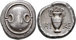 BOEOTIA. Thebes. Circa 390-382 BC. Stater (Silver, 22 mm, 12.20 g), Hike..., magistrate. Boeotian shield. Rev. HI-KE Amphora; above, wreath; all withi...