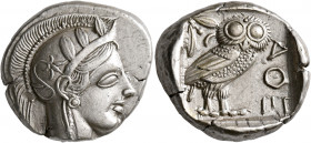 ATTICA. Athens. Circa 430s BC. Tetradrachm (Silver, 25 mm, 17.20 g, 1 h). Head of Athena to right, wearing crested Attic helmet decorated with three o...