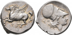 CORINTHIA. Corinth. Circa 375-300 BC. Stater (Silver, 22 mm, 8.62 g, 9 h). Pegasos flying left; below, Ϙ. Rev. Head of Athena to right, wearing Corint...