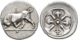 PHLIASIA. Phlious. Circa 400-350 BC. Trihemiobol (Silver, 13 mm, 1.27 g, 7 h). Bull butting to left, head lowered and turned facing; above, I; below, ...
