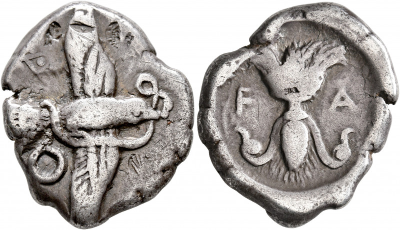 ELIS. Olympia. 82nd Olympiad, 452 BC. Stater (Silver, 26 mm, 11.82 g, 11 h). Eag...