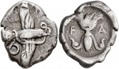 ELIS. Olympia. 82nd Olympiad, 452 BC. Stater (Silver, 26 mm, 11.82 g, 11 h). Eagle flying right with wings above and below, grasping a coiling snake w...
