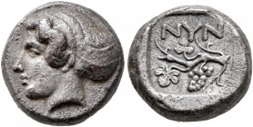 CIMMERIAN BOSPOROS. Nymphaion. Circa 400 BC. Drachm (Silver, 15 mm, 4.95 g, 8 h). Head of a nymph to left, her hair bound in sakkos. Rev. ΝΥΝ Bunch of...