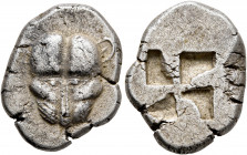 CIMMERIAN BOSPOROS. Pantikapaion. Circa 480-470 BC. Drachm (Silver, 20 mm, 5.73 g). Facing head of a lion. Rev. Quadripartite incuse square with windm...
