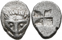 CIMMERIAN BOSPOROS. Pantikapaion. Circa 480-470 BC. Triobol (Silver, 16 mm, 2.99 g). Facing head of a lion. Rev. Quadripartite incuse square. Frolova ...