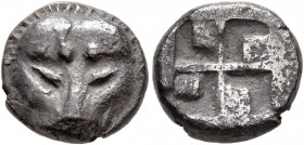 CIMMERIAN BOSPOROS. Pantikapaion. Circa 470-460 BC. Triobol (Silver, 12 mm, 2.31 g). Facing head of a lion. Rev. Quadripartite incuse square with wind...