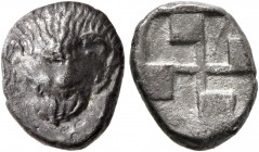 CIMMERIAN BOSPOROS. Pantikapaion. Circa 470-460 BC. Diobol (Silver, 12 mm, 1.89 g). Facing head of a lion. Rev. Quadripartite incuse square with windm...