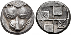 CIMMERIAN BOSPOROS. Pantikapaion. Circa 450-438/7 BC. Tetrobol (Silver, 14 mm, 3.53 g). Facing head of a lion. Rev. Quadripartite incuse square with w...