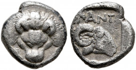 CIMMERIAN BOSPOROS. Pantikapaion. Circa 390-380 BC. Hemiobol (Silver, 7 mm, 0.34 g, 11 h). Facing head of a lion. Rev. ΠΑΝΤ Head of a ram right; all w...