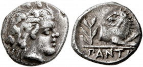 CIMMERIAN BOSPOROS. Pantikapaion. Circa 370-355 BC. Obol (Silver, 10 mm, 0.84 g, 1 h). Head of a young satyr with animal ears to right, wearing ivy wr...
