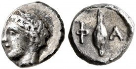CIMMERIAN BOSPOROS. Phanagoreia. Circa 400 BC. Hemiobol (Silver, 6 mm, 0.30 g, 2 h). Laureate head of Apollo to left. Rev. Φ-Α Barley grain within sha...