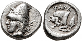 CIMMERIAN BOSPOROS. Phanagoreia. Circa 390 BC. Diobol (Silver, 10 mm, 1.14 g, 2 h). Head of a young Kabeiros to left, wearing laureate conical cap. Re...