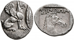 CIMMERIAN BOSPOROS. The Sindoi. Circa 400 BC. Diobol (Silver, 14 mm, 1.32 g, 9 h), Gorgippia (?). Griffin seated right; to right, barley grain. Rev. Σ...