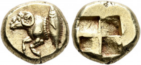 MYSIA. Kyzikos. Circa 550-450 BC. Hekte (Electrum, 11 mm, 2.71 g). Forepart of a ram to left; behind, tunny upward. Rev. Quadripartite incuse square. ...