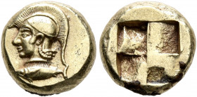 MYSIA. Kyzikos. Circa 550-450 BC. Hekte (Electrum, 10 mm, 2.71 g). Head of Athena to left, wearing crested Attic helmet; below, tunny to left. Rev. Qu...
