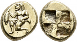MYSIA. Kyzikos. Circa 550-450 BC. Hekte (Electrum, 11 mm, 2.66 g). Satyr kneeling left, holding a tunny fish by the tail in his extended right hand. R...