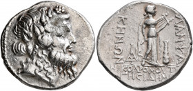 MYSIA. Lampsakos. Circa 100-70 BC. Tetradrachm (Silver, 29 mm, 16.73 g, 1 h), Nikodromos, son of Hegesidemos, magistrate. Bearded head of Priapos to r...