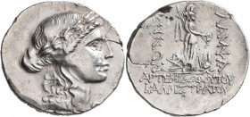 MYSIA. Lampsakos. Circa 100-70 BC. Tetradrachm (Silver, 30 mm, 16.36 g, 1 h), Artemidoros, son of Kallistratos, magistrate. Laureate head of Apollo to...