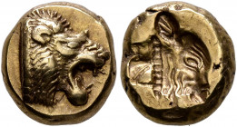 LESBOS. Mytilene. Circa 521-478 BC. Hekte (Electrum, 10 mm, 2.53 g, 12 h). Head of a roaring lion to right. Rev. Incuse head of a calf to right with r...