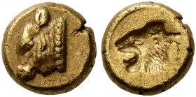 LESBOS. Mytilene. Circa 521-478 BC. Myshemihekte – 1/24 Stater (Electrum, 6 mm, 0.62 g, 8 h). Head of a calf to left. Rev. Incuse head of a roaring li...