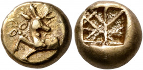 IONIA. Ephesos. Phanes, circa 625-600 BC. Hekte (Electrum, 10 mm, 2.35 g). Forepart of a stag to left, head turned back to right; before, pellet with ...
