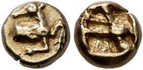 IONIA. Ephesos. Phanes, circa 625-600 BC. Myshemihekte – 1/24 Stater (Electrum, 6 mm, 0.59 g). Forepart of a stag to right, head turned back to left. ...
