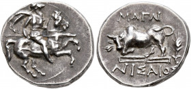 IONIA. Magnesia ad Maeandrum. Circa 350-325 BC. Hemidrachm (Silver, 13 mm, 1.74 g, 12 h), Rhodian standard. Nisaios, magistrate. Helmeted warrior, in ...