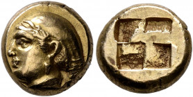 IONIA. Phokaia. Circa 387-326 BC. Hekte (Electrum, 10 mm, 2.57 g). Head of Aphrodite to left, with her hair in a sakkos, wearing a single pendant earr...