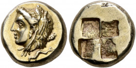 IONIA. Phokaia. Circa 387-326 BC. Hekte (Electrum, 10 mm, 2.58 g). Head of Omphale to left, wearing lion skin headdress of Herakles; club behind neck;...