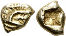 IONIA. Uncertain. Circa 625-600 BC. Hekte (Electrum, 11 mm, 2.09 g), uncertain standard. Uncertain design (stylized head of a roaring lion to right?)....