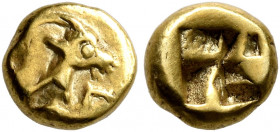 IONIA. Uncertain. Circa 600-550 BC. 1/24 Stater (Electrum, 6 mm, 0.64 g), Phokaic standard. Forepart of a horned animal to right. Rev. Incuse square. ...