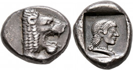 CARIA. Knidos. Circa 490-465 BC. Drachm (Silver, 18 mm, 6.26 g, 9 h). Forepart of a roaring lion to right. Rev. Head of Aphrodite to right, wearing pe...